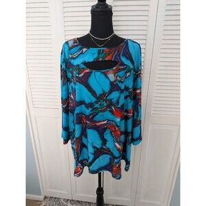 Attitudes by Renee Top Womens 3X Keyhole Stretch Art To Wear Blue Orange Tunic